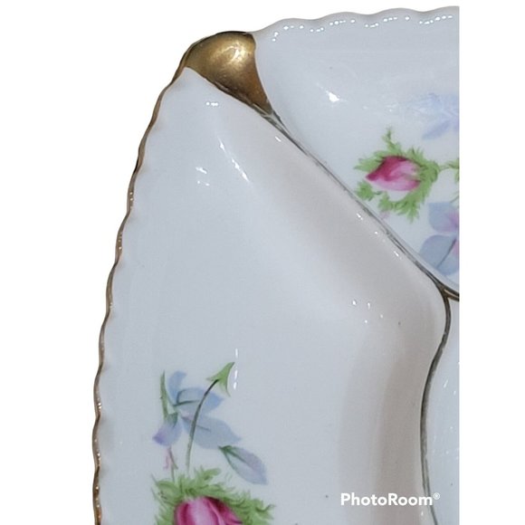 Marco Japan Divided Dish Porcelain Candy Trinkets Roses Scalloped Gold Trim Vtg - Picture 2 of 10